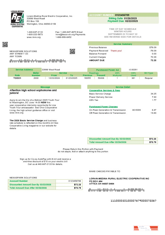 USA Ohio Lorain Medina Rural Electric business utility bill template in Word and PDF formats